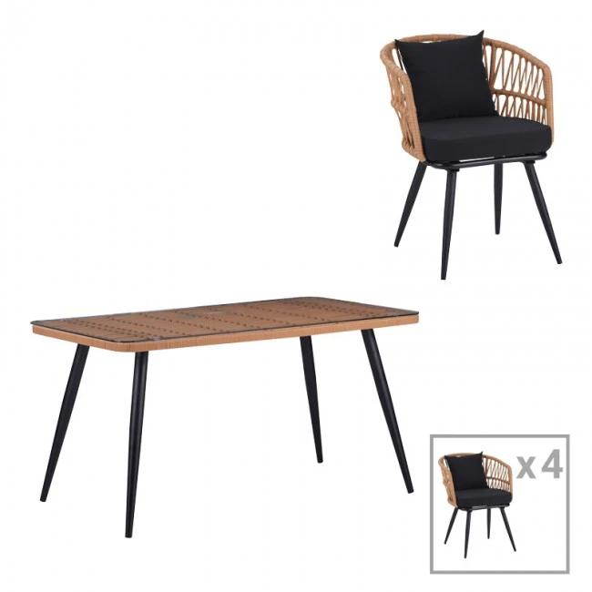 Naoki dining table set of 5 pieces pakoworld glass-pe rattan in natural shade with black legs 140x80x78cm