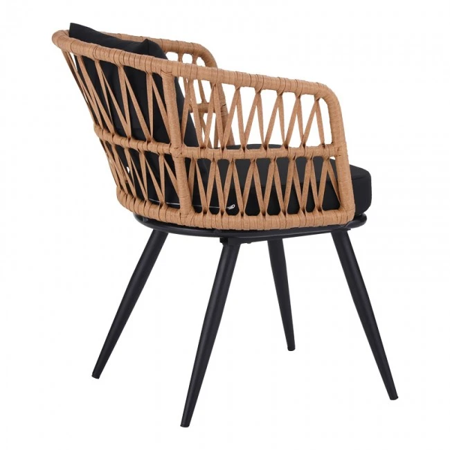 Naoki dining table set of 5 pieces pakoworld glass-pe rattan in natural shade with black legs 140x80x78cm