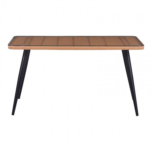 Naoki dining table set of 5 pieces pakoworld glass-pe rattan in natural shade with black legs 140x80x78cm