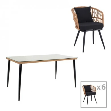 Naoki dining table set 7 pcs pakoworld metal black-pe natural-glass 160x90x78cm