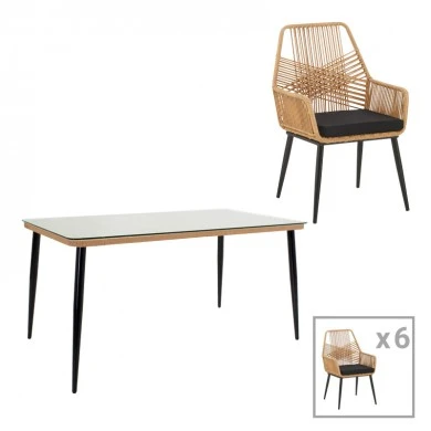 Dining table Naoki-Tanish set of 7 pieces pakoworld metal black-pe natural-glass 160x90x78cm