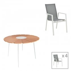 Pinap-Dashiell dining table set of 5 pcs pakoworld white aluminum and plywood in natural shade Φ110x74cm