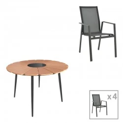 Pinap-Dashiell dining table set of 5 pcs pakoworld black aluminum and plywood in natural shade Φ110x74cm