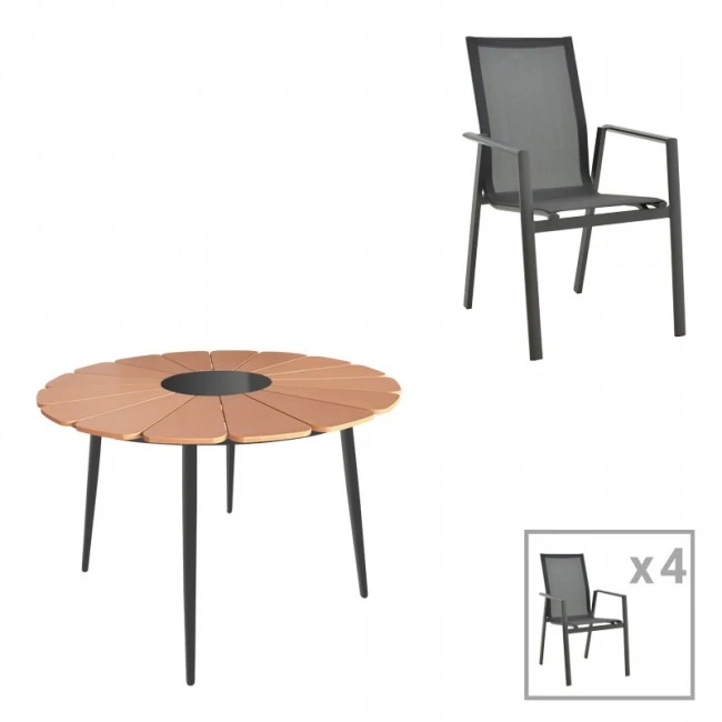 Pinap-Dashiell dining table set of 5 pcs pakoworld black aluminum and plywood in natural shade Φ110x74cm