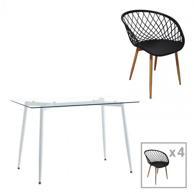 Quana-Ezra dining table pakoworld set of 5 pieces glass 8mm transparent - white leg 120x70x75cm