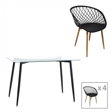 Quana-Ezra dining table pakoworld set of 5 pieces glass 8mm transparent - black leg 120x70x75cm