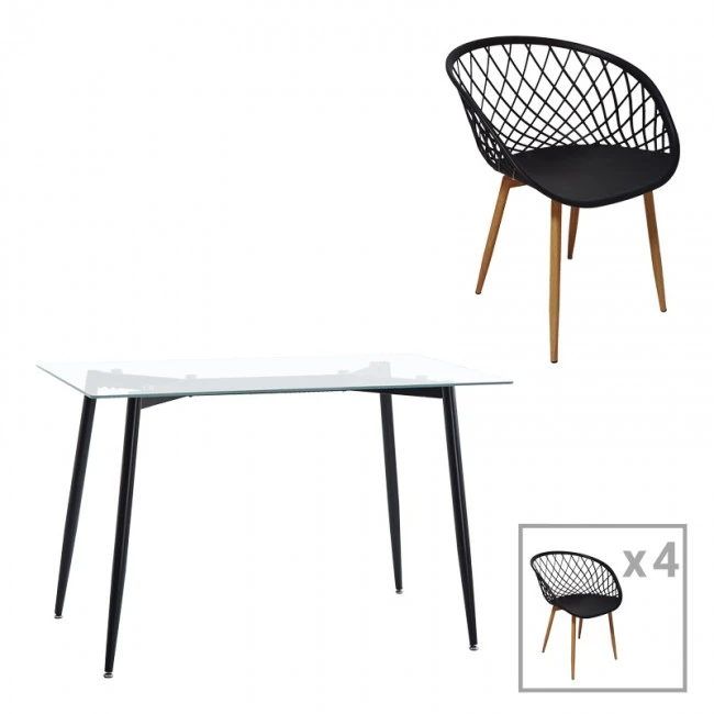 Quana-Ezra dining table pakoworld set of 5 pieces glass 8mm transparent - black leg 120x70x75cm
