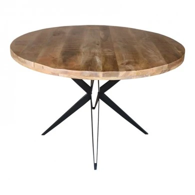 Round table Bocco Ι pakoworld natural mango wood 3cm with black metal legs D150x77cm