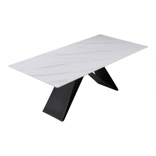 Kitchen table Meja pakoworld sintered white stone with black metal legs 200x100x76cm