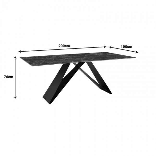 Kitchen table Meja pakoworld sintered black stone with black metal legs 200x100x76cm