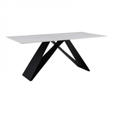 Kitchen table Meja pakoworld sintered white stone with black metal legs 180x90x76cm