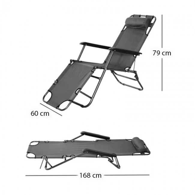 2-seater metal chair-lounger with textline in anthracite 168x60x79cm