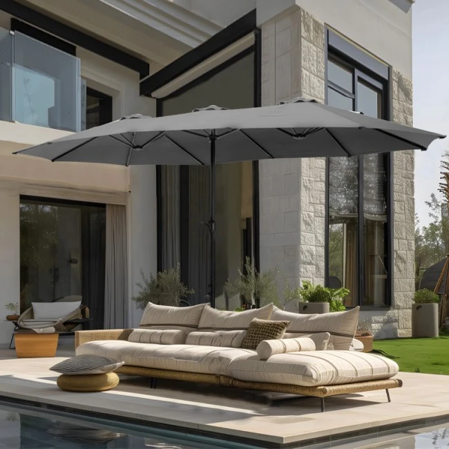 Double garden umbrella with metal frame and crank in grey color 4.60x2.70m.