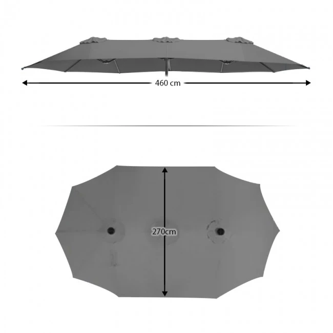 Double garden umbrella with metal frame and crank in grey color 4.60x2.70m.