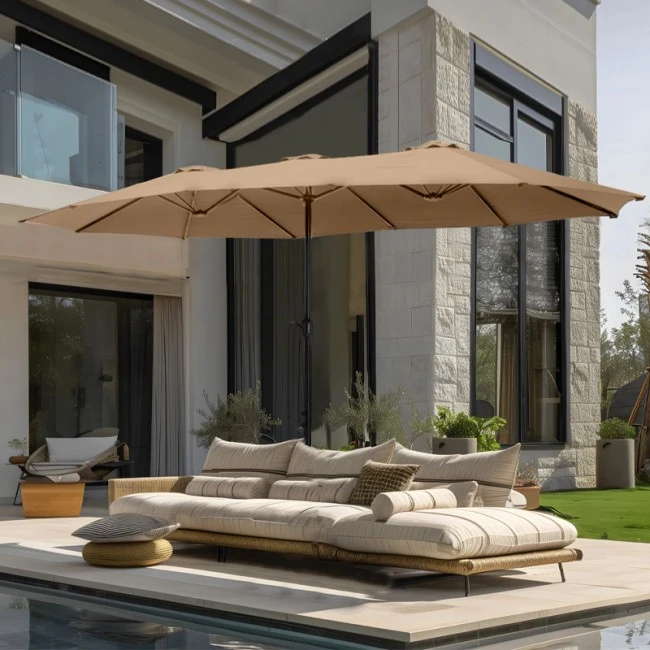 Double garden umbrella with metal frame and crank in sand color 4.60x2.70m.