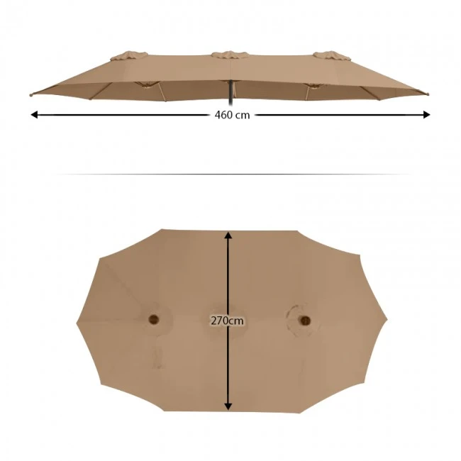 Double garden umbrella with metal frame and crank in sand color 4.60x2.70m.