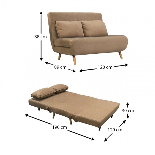 Καναπές - κρεβάτι Sara 2θέσιος με επένδυση από ύφασμα σε χρώμα καφέ 120x89x88εκ