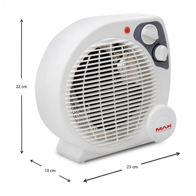 2000W fan heater with two heating stages 23x10x22cm.