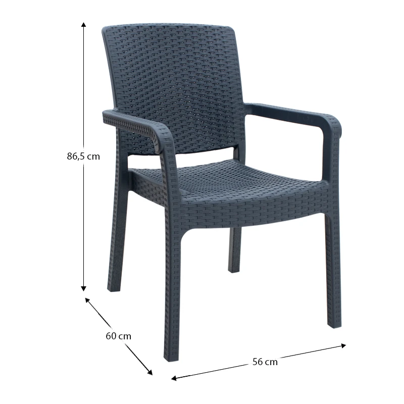 Polypropylene armchair with rattan  in grey color 56x60x86,5cm.