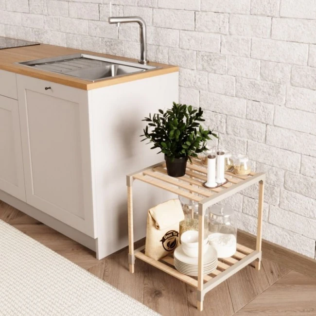 Side table - Floor shelf wooden - plastic color natural - beige 41x33x45cm.