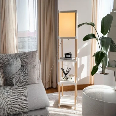 Floor lamp made of wood and plastic in beige color 29x25x137cm.