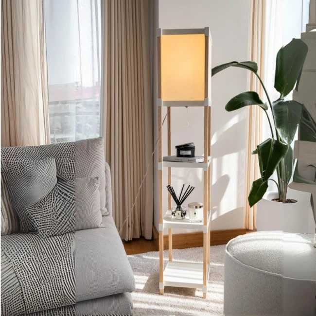 Floor lamp made of wood and plastic in beige color 29x25x137cm.