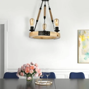 Brandy Megapap wood/metal/rope three-light ceiling light in natural - black color 43x43x80cm.