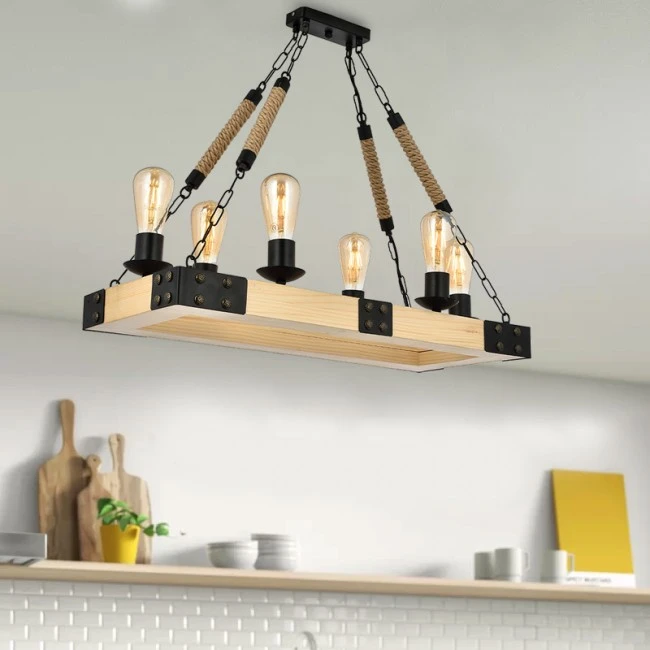 Brandy Megapap wood/metal/rope six-light ceiling light in natural - black color 70x40x80cm.