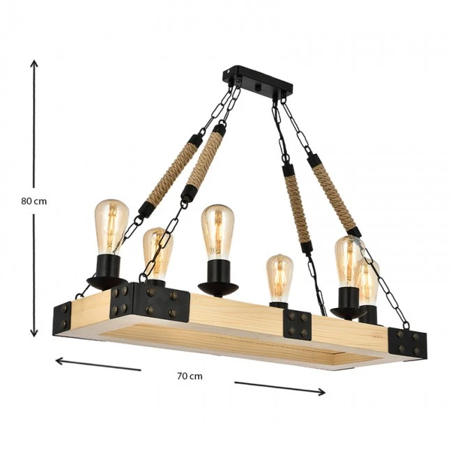 Brandy Megapap wood/metal/rope six-light ceiling light in natural - black color 70x40x80cm.