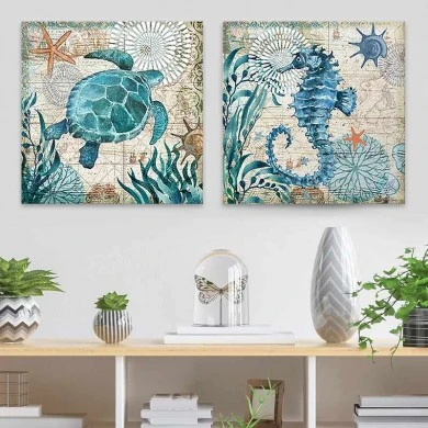 "Sea Creatures" Megapap painting of two pieces on canvas digital printing 83x40x3cm.