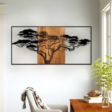 Acacia Tree Megapap wooden - metal wall art in walnut - black color 147x3x70cm.