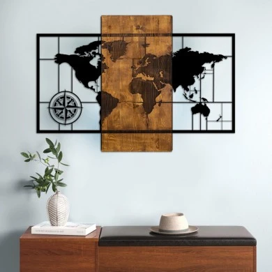 World Map Megapap wooden - metal wall art in walnut - black color 85x3x58cm.