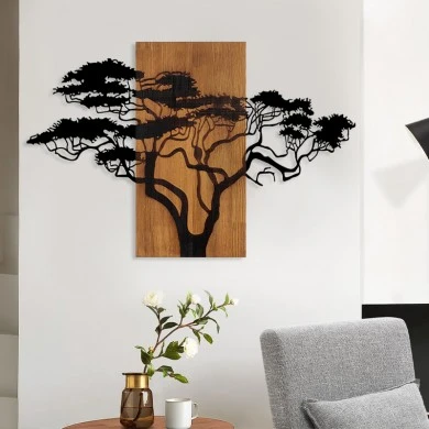 Acacia Tree Megapap wooden - metal wall art in walnut - black color 90x3x58cm.