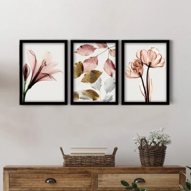 "Pink Flowers" Megapap painting of three pieces in frame 35x45x2cm.