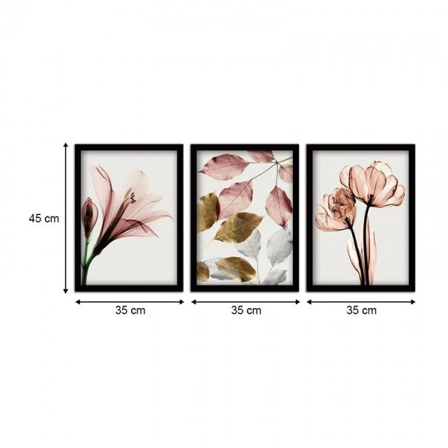 "Pink Flowers" Megapap painting of three pieces in frame 35x45x2cm.