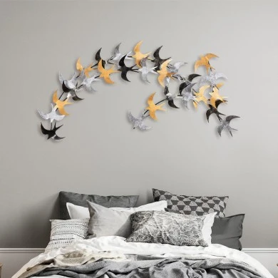 Birds Megapap metal wall art in black - bronze - silver color 137x1.5x62cm.
