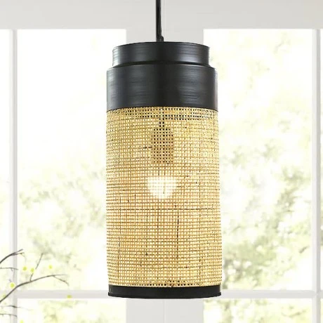 DECO NATURAL RATTAN CEILING LIGHT W BLACK METAL STAND D18x40CM