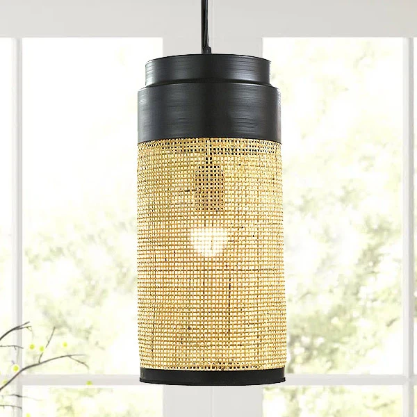 DECO NATURAL RATTAN CEILING LIGHT W BLACK METAL STAND D18x40CM