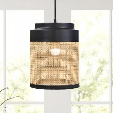 DECO NATURAL RATTAN CEILING LIGHT W BLACK METAL STAND D24x29CM