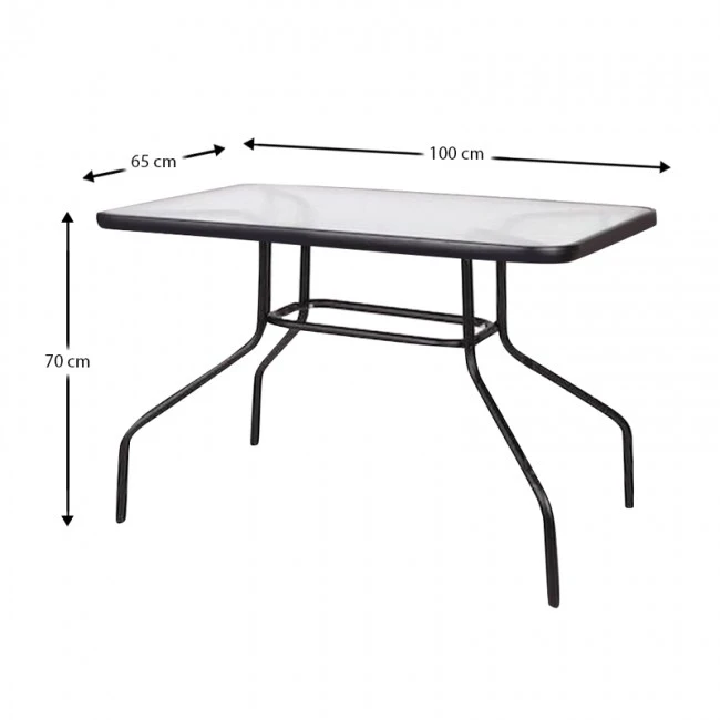 Metal garden table with tempered glass in black color 100x65x70cm