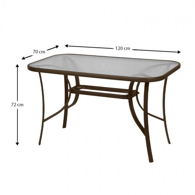 Metallic garden table with tempered glass in brown color 120x70x72cm.