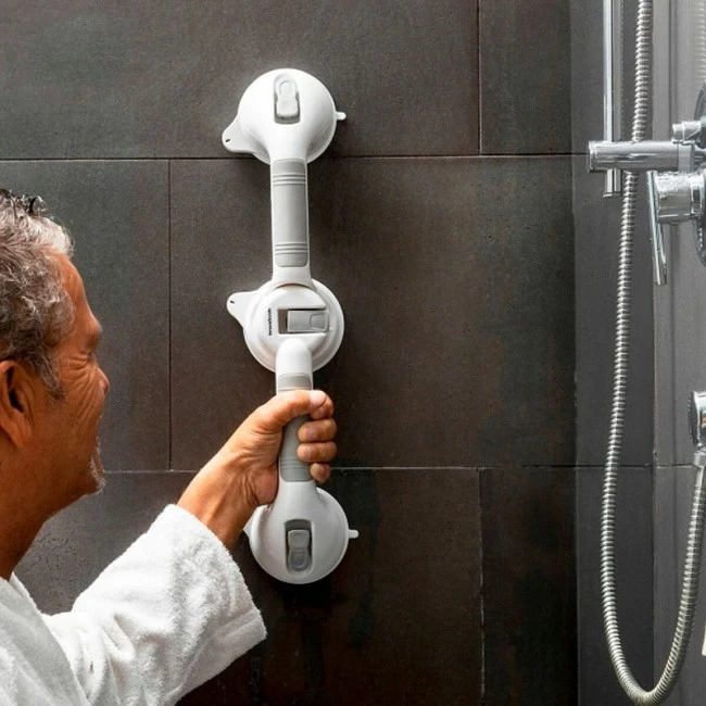 Double corner safety handle with suction cups color white - gray 49.5x11x8cm.
