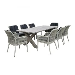 ALLEY Set Τραπεζαρία Κήπου ALU & Rope Grey-Μαξιλ.Ανθρακί: Τραπέζι 220x94 + 8 Πολυθρόνες
