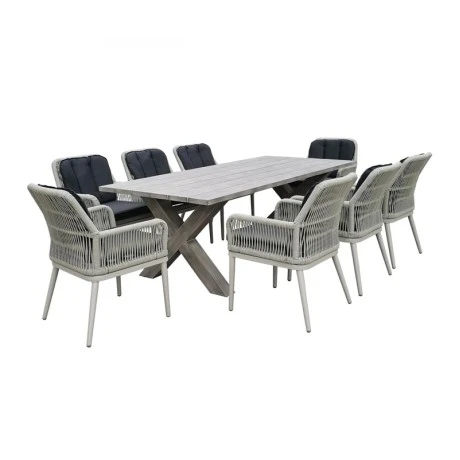 ALLEY Set Τραπεζαρία Κήπου ALU & Rope Grey-Μαξιλ.Ανθρακί: Τραπέζι 220x94 + 8 Πολυθρόνες