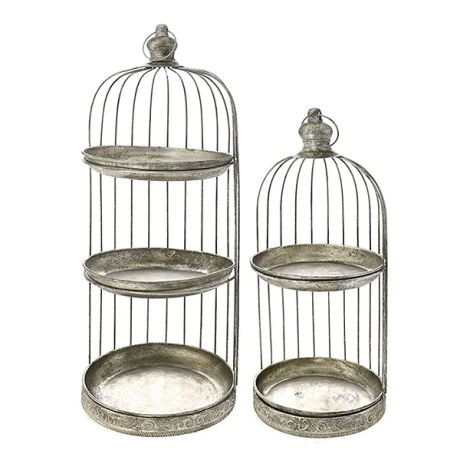 ANTIQUE GOLD METAL BIRD CAGE CAKE STAND SET 2  26X26X65  21X21X47CM