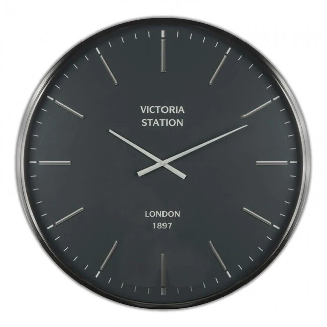 OVERSIZED SILVER AND BLACK WALL CLOCK VICTORIA STATION 75x6CM