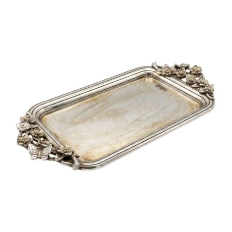 SILVER RESIN TRAY WITH EMBOSSED LEAVES AND MIRROR 37X17X3CM