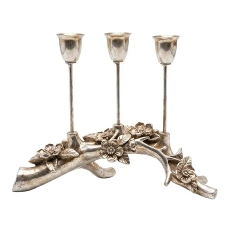 SILVER 3 ARM RESIN CANDLEHOLDER WITH EMBOSSED LEAVES 22X7X17CM