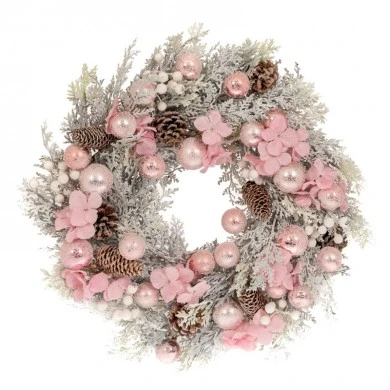 WHITE WREATH WITH PINK BERRIES AND PINE CONES 55CM