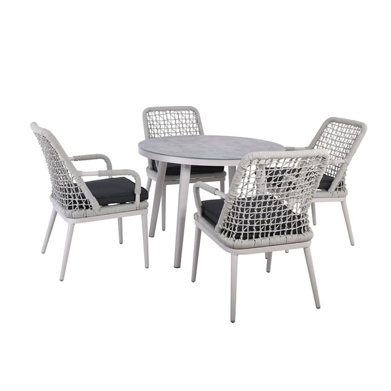 CENTRAL Set Τραπεζαρία Κήπου ALU & Rope Grey-Μαξιλ.Ανθρακί: Τραπέζι Φ100cm + 4 Πολυθρόνες
